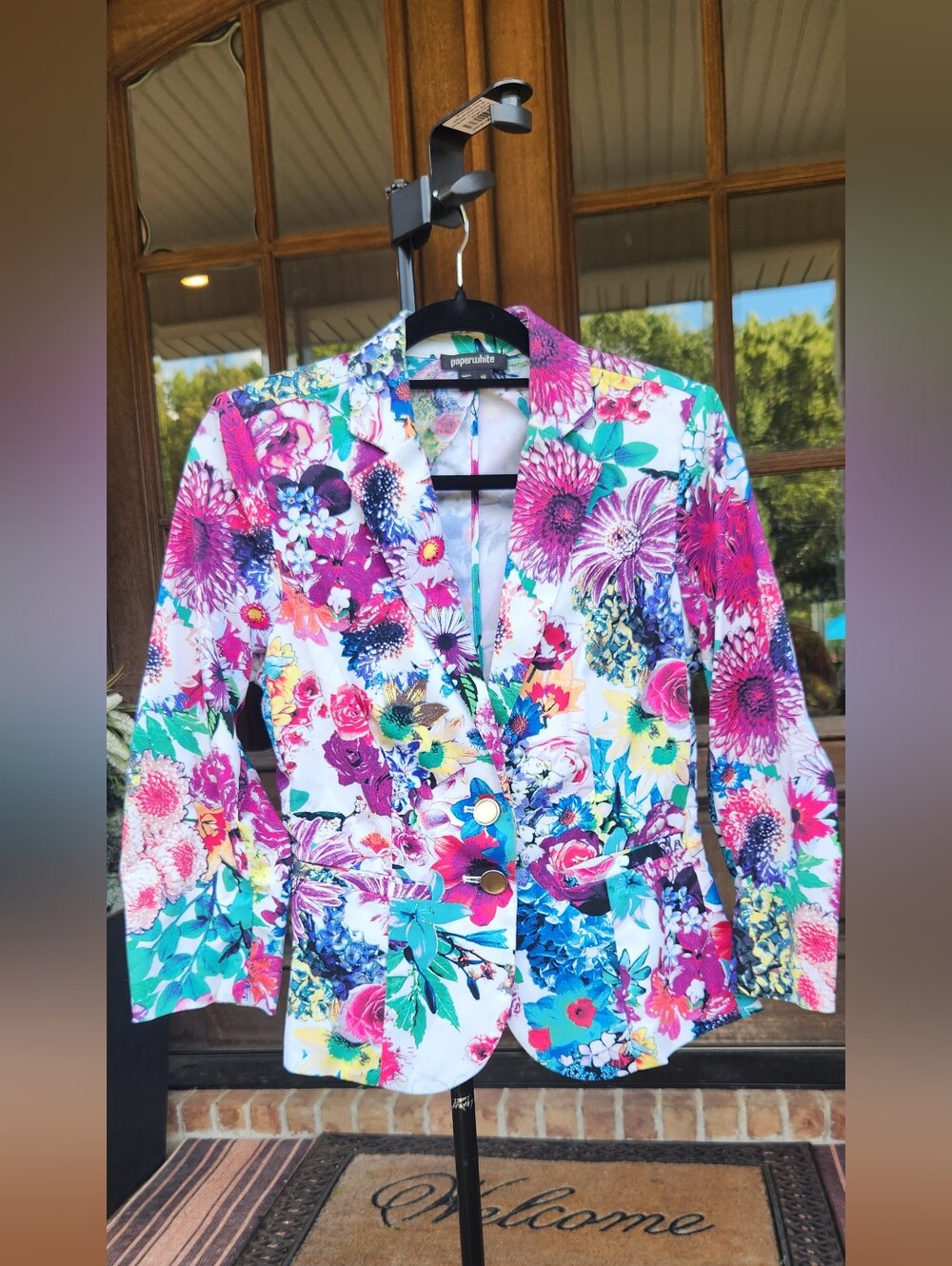 Paperwhite Vibrant Floral Cotton Sateen Fitted Blazer Jacket, Size 6